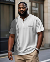 Men's Plus Size Daily Casual Gray Plaid Letter Print Henry Collar Button Short Sleeve T-Shirt